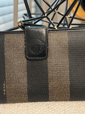 Fendi Brown & Black Striped Ling  Wallet with Embossed Leather Tab